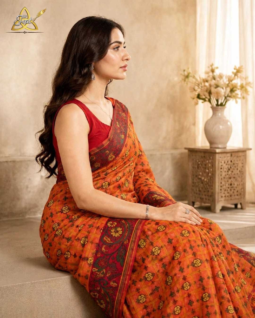 Gold zari embroidery close-up on FEAT ethnic wear collection from Hooghly boutique